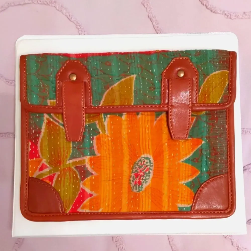 Kantha Envelope Bag Floral Quilted Clutch Magnetic Snaps Hand-stitched